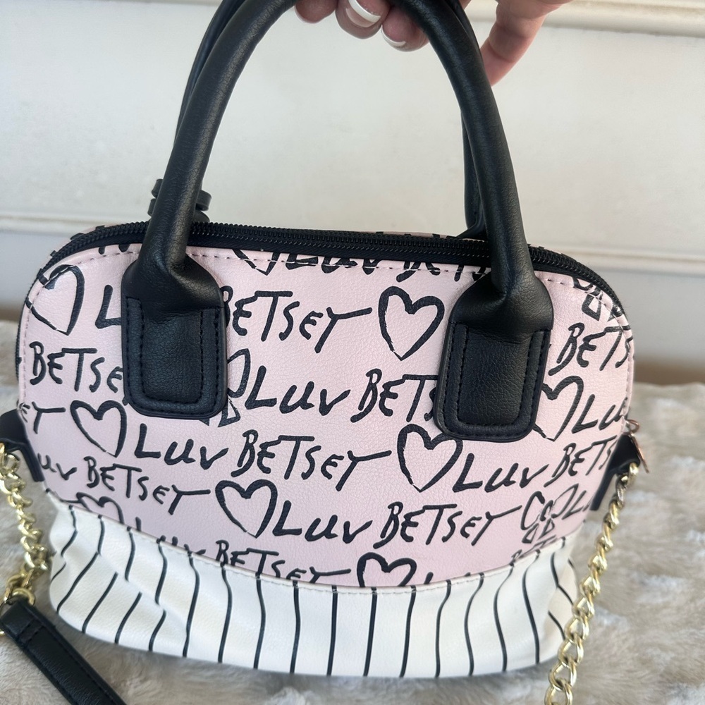 Betsey Johnson Heart and Stripe Satchel - Pink and White - Picture 2 of 7